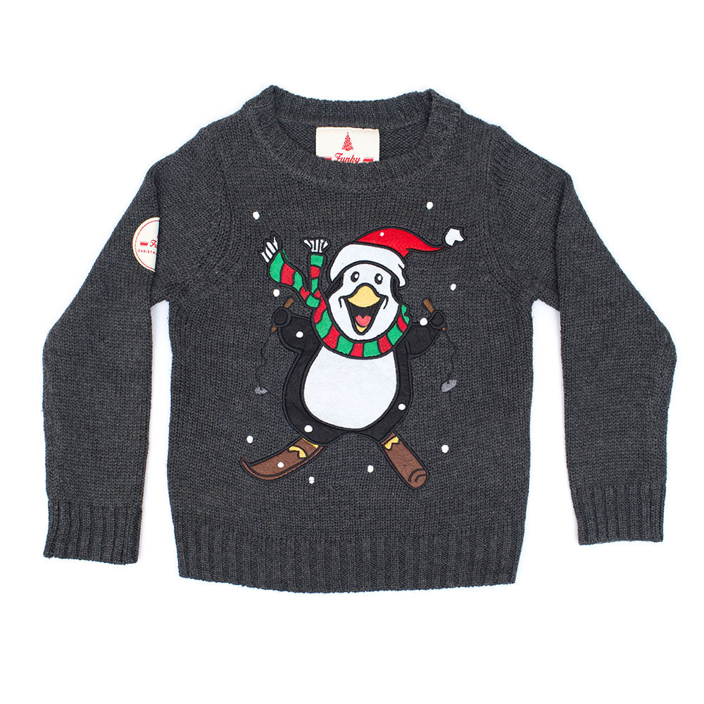 Kids Skiing Pengiun Christmas Jumper