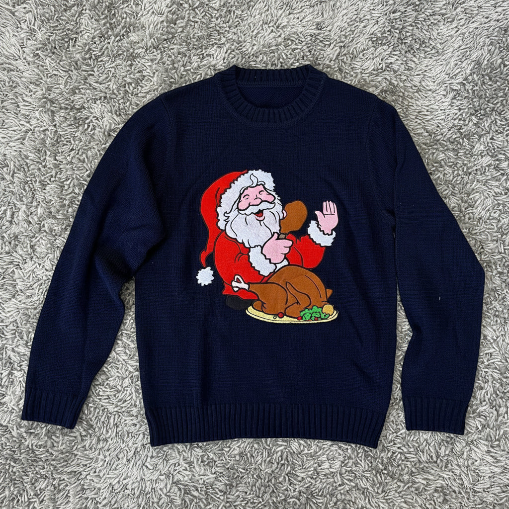 Navy blue sweater with a graphic of Santa Claus holding a turkey on a white background